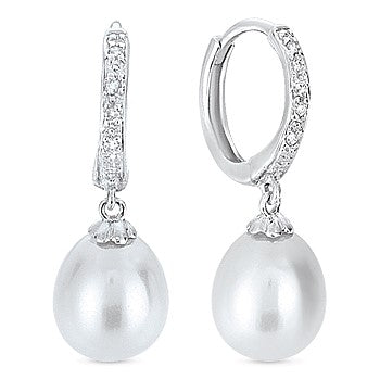 Beautiful Hand Crafted 14K White Gold 8MM Pearl And Diamond Essentials Collection Drop Dangle Earrings With A retail-facing