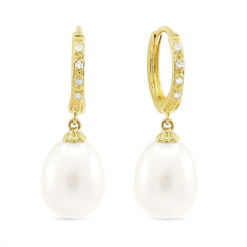 Beautiful Hand Crafted 14K Yellow Gold 8MM Pearl And Diamond Essentials Collection Drop Dangle Earrings With A Lever Back Closure