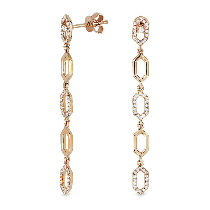 Beautiful Hand Crafted 14K Rose Gold White Diamond Milano Collection Drop Dangle Earrings With A Lever Back Closure