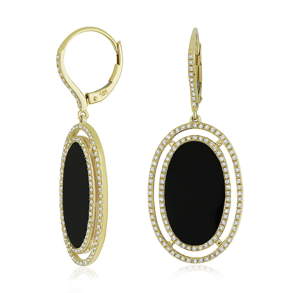 Beautiful Hand Crafted 14K Yellow Gold  Black Onyx And Diamond Stiletto Collection Drop Dangle Earrings With A Lever Back Closure