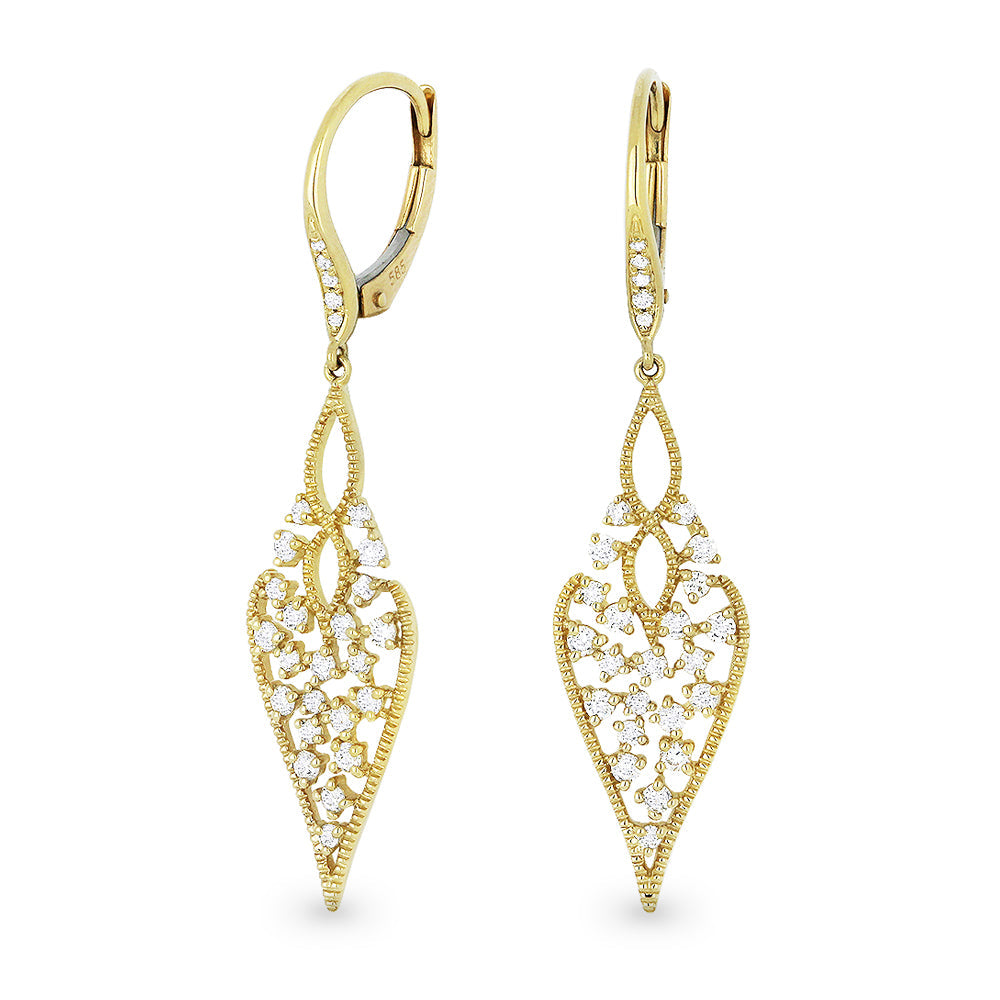 Beautiful Hand Crafted 14K Yellow Gold White Diamond Milano Collection Drop Dangle Earrings With A Lever Back Closure