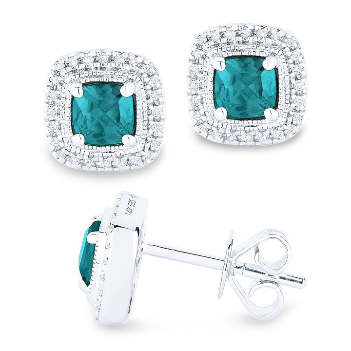 Beautiful Hand Crafted 14K White Gold 5MM Created Tourmaline Paraiba And Diamond Eclectica Collection Stud Earrings With A Push Back Closure