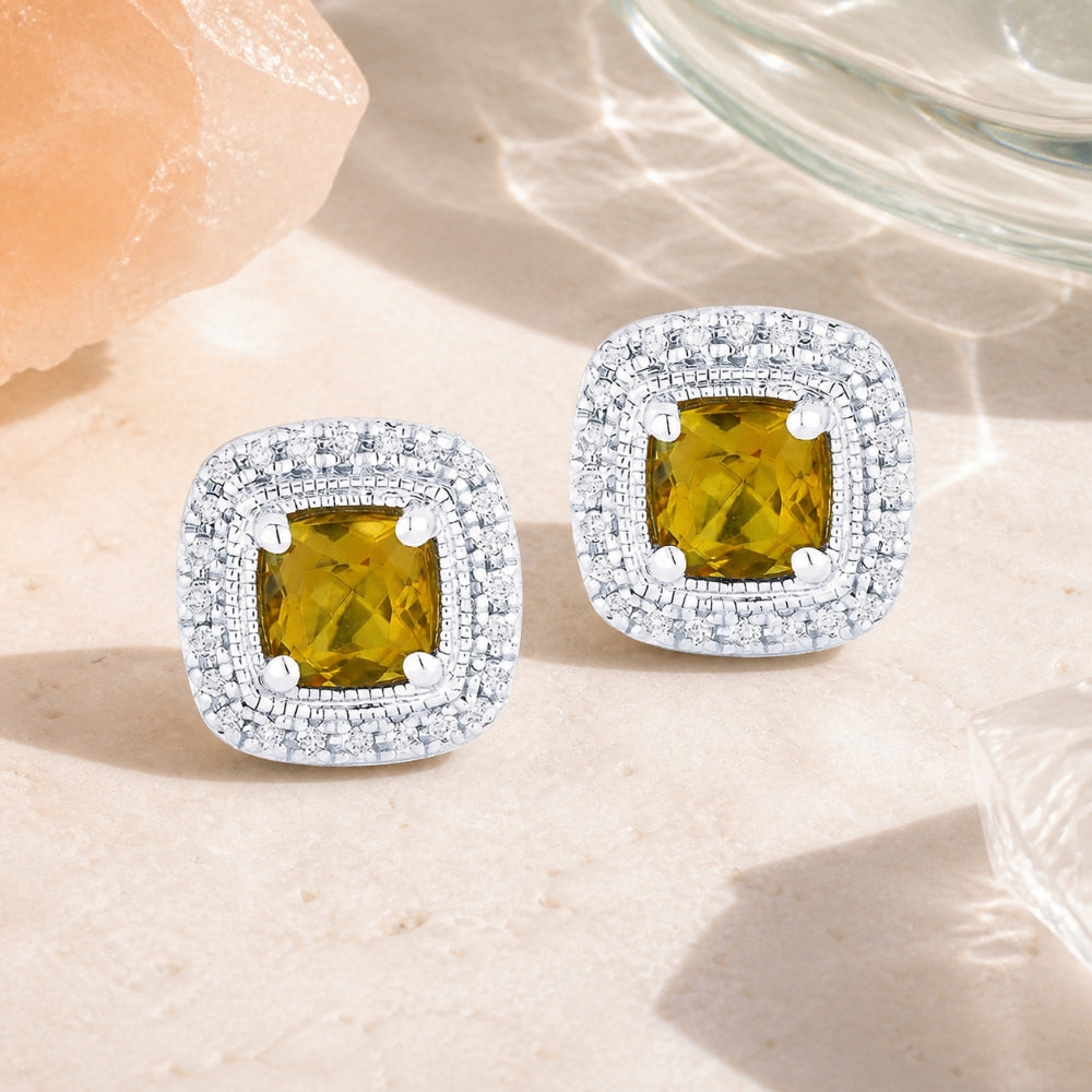 E1106 - 14K White Gold Citrine & Peridot Cushion Stud Earrings