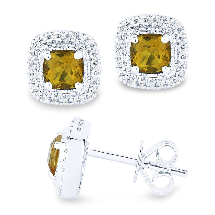 Beautiful Hand Crafted 14K White Gold 5MM Citrine And Diamond Eclectica Collection Stud Earrings With A Push Back Closure