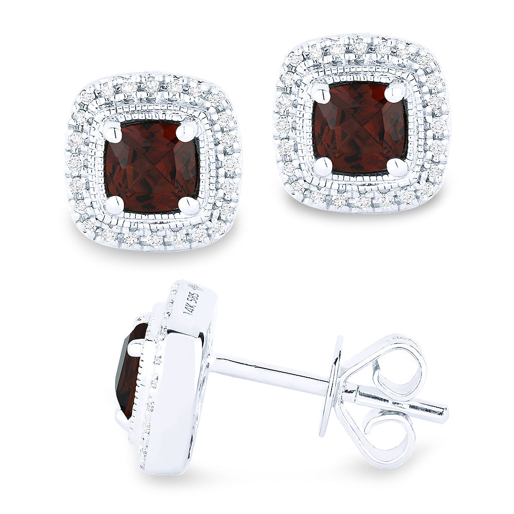 Beautiful Hand Crafted 14K White Gold 5MM Garnet And Diamond Eclectica Collection Stud Earrings With A Push Back Closure