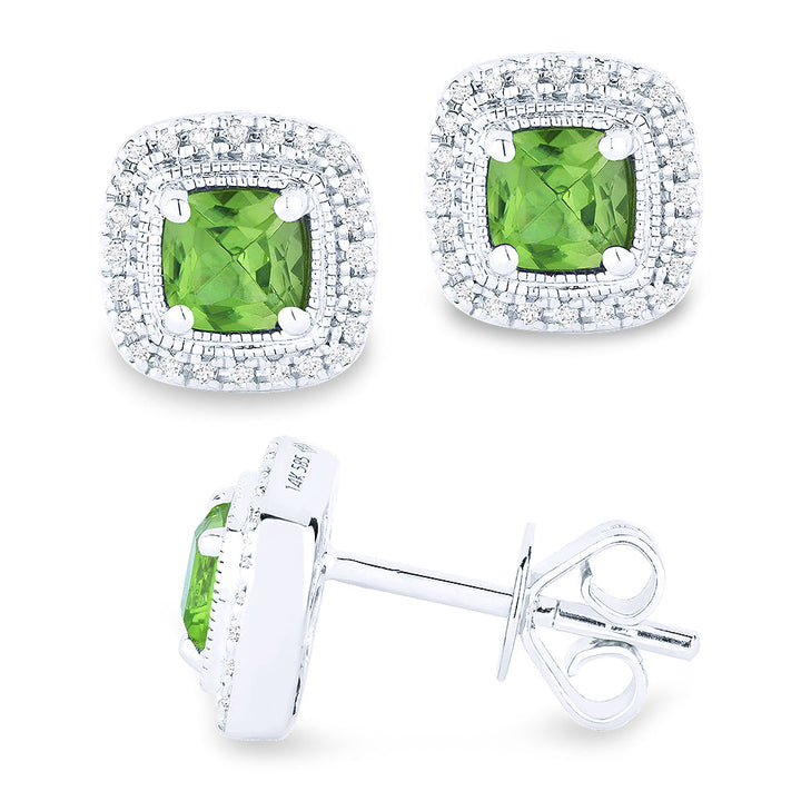 Beautiful Hand Crafted 14K White Gold 5MM Peridot And Diamond Eclectica Collection Stud Earrings With A Push Back Closure