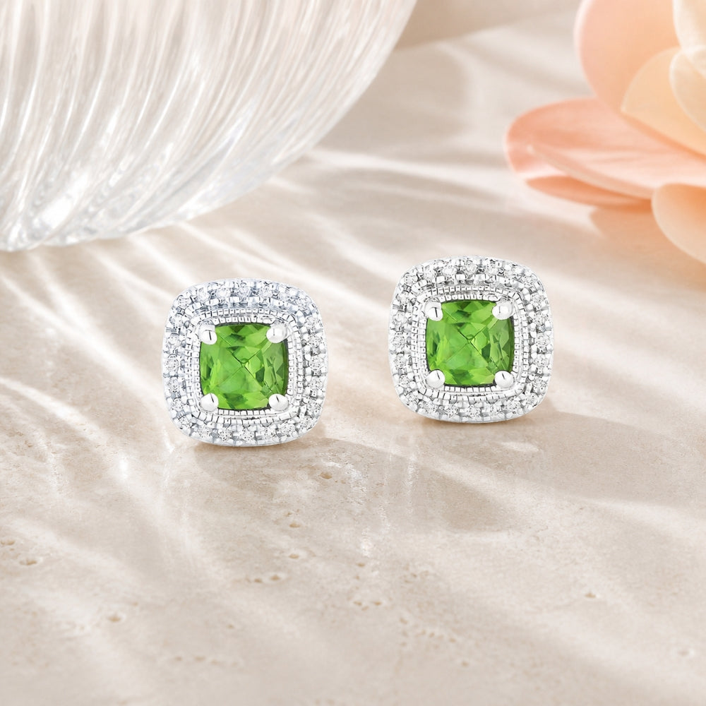 E1106 - 14K White Gold Citrine & Peridot Cushion Stud Earrings