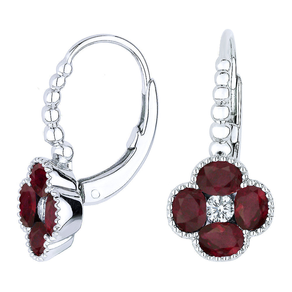 Beautiful Hand Crafted 18K White Gold  Ruby And Diamond Arianna Collection Drop Dangle Earrings With A Lever Back Closure