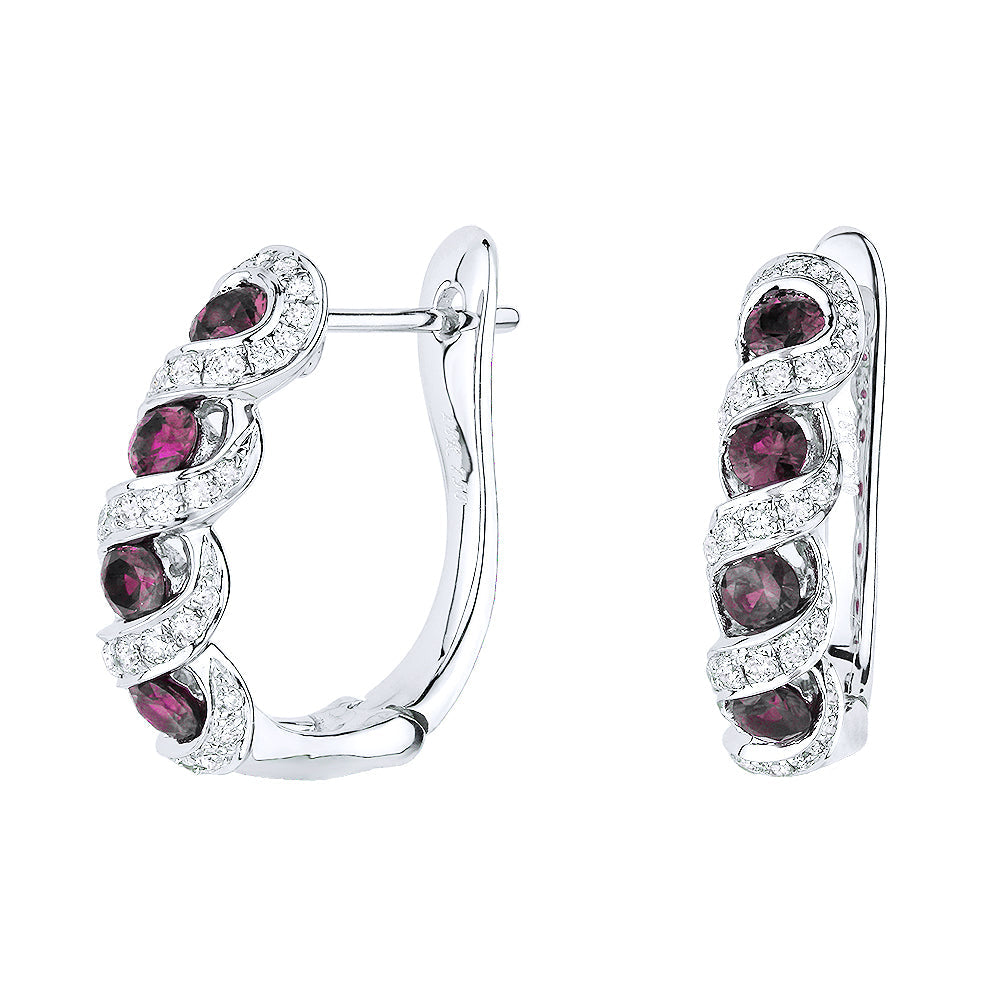 Beautiful Hand Crafted 18K White Gold  Ruby And Diamond Arianna Collection Hoop Earrings With A Hoop Closure