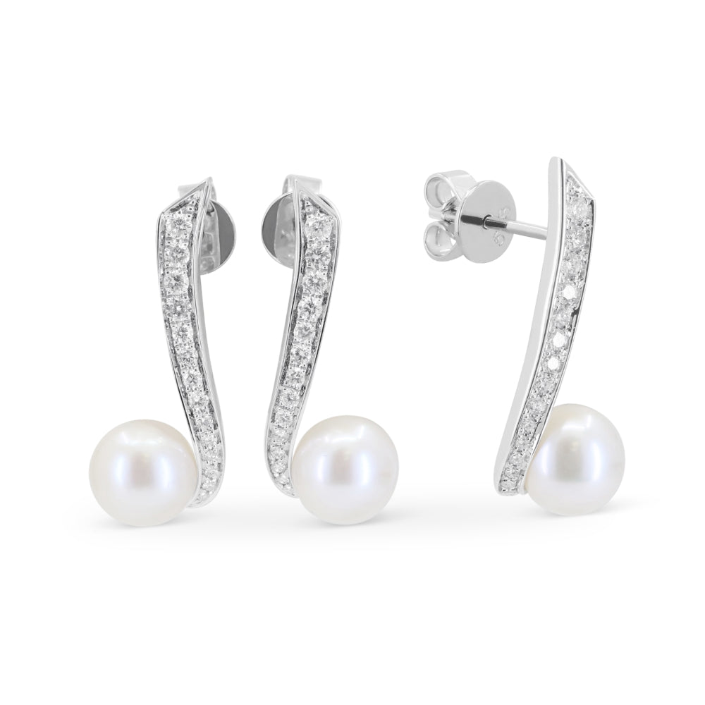 Beautiful Hand Crafted 14K White Gold  Pearl And Diamond Milano Collection Drop Dangle Earrings With A Push Back Closure