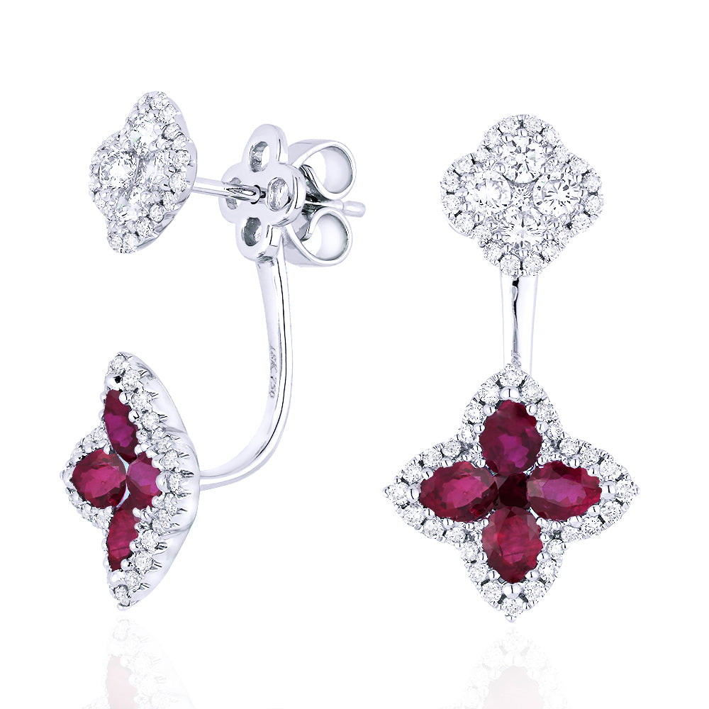 Beautiful Hand Crafted 18K White Gold  Ruby And Diamond Arianna Collection Drop Dangle Earrings With A Lever Back Closure