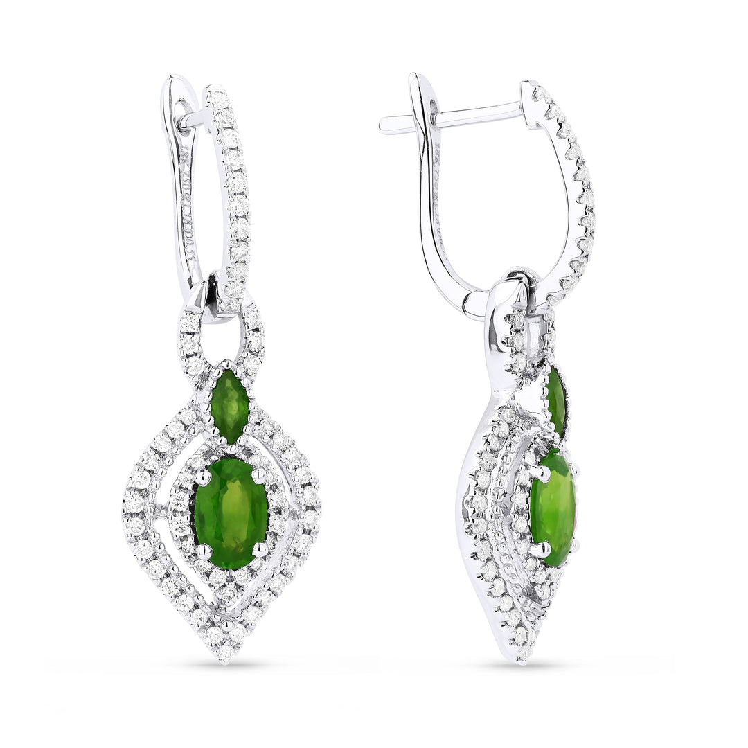 Beautiful Hand Crafted 18K White Gold  Emerald And Diamond Arianna Collection Drop Dangle Earrings With A Lever Back Closure