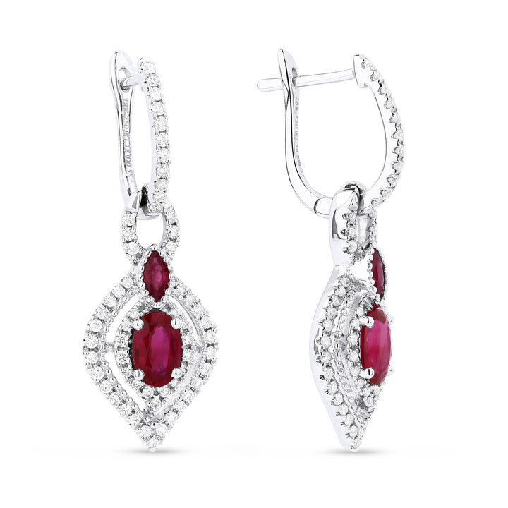 Beautiful Hand Crafted 18K White Gold  Ruby And Diamond Arianna Collection Drop Dangle Earrings With A Lever Back Closure