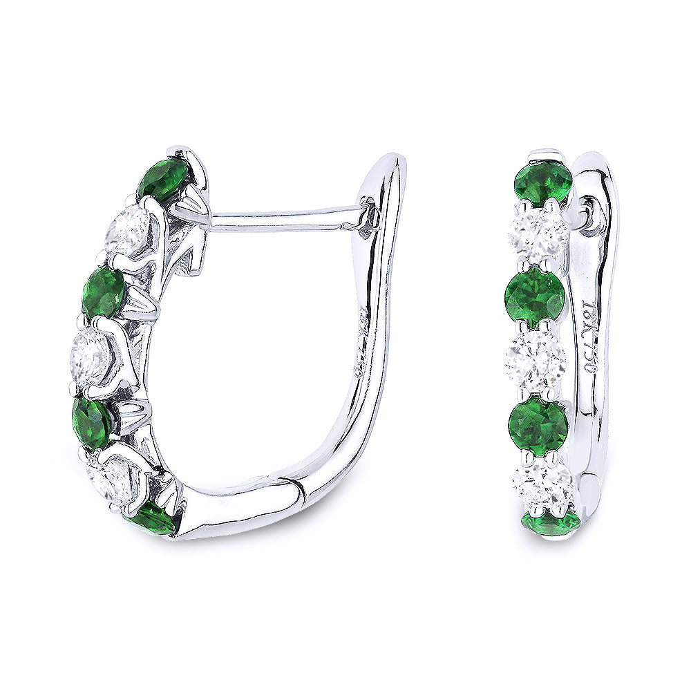 Beautiful Hand Crafted 14K White Gold 2MM Emerald And Diamond Arianna Collection Hoop Earrings With A Hoop Closure