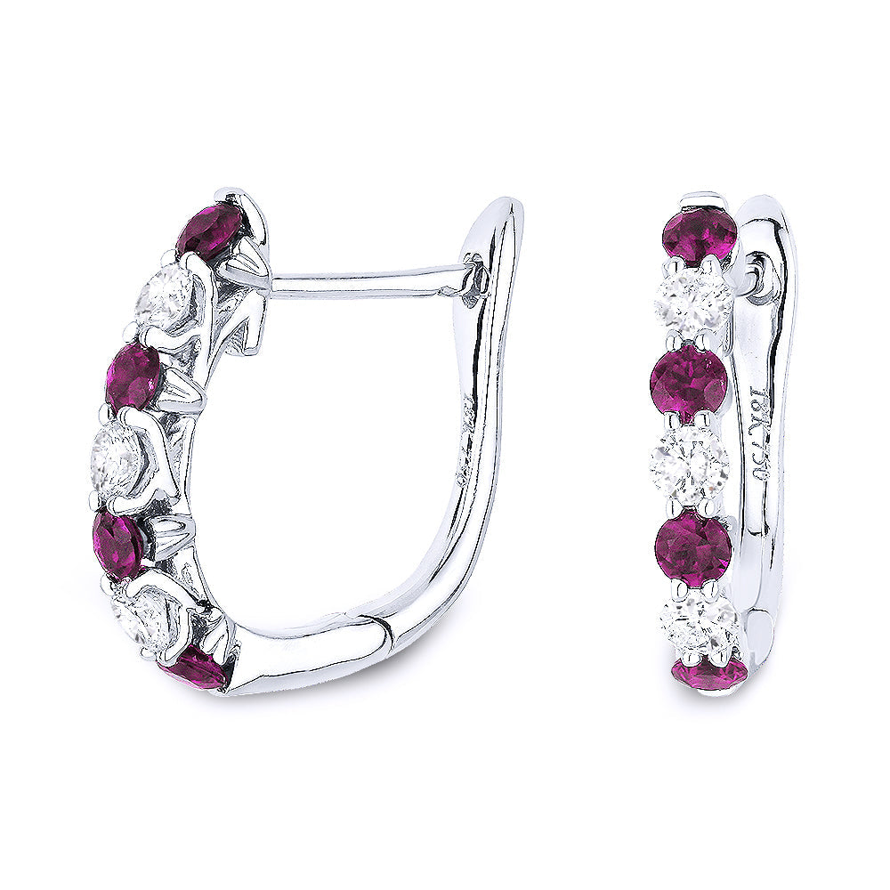 Beautiful Hand Crafted 14K White Gold 2MM Ruby And Diamond Arianna Collection Hoop Earrings With A Hoop Closure