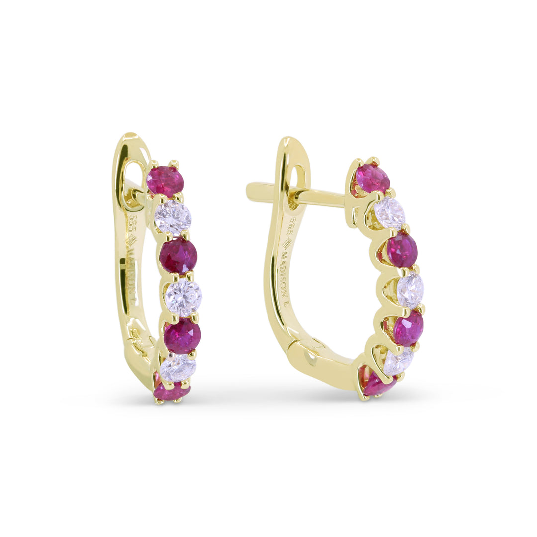 Beautiful Hand Crafted 14K Yellow Gold 2MM Ruby And Diamond Arianna Collection Hoop Earrings With A Hoop Closure