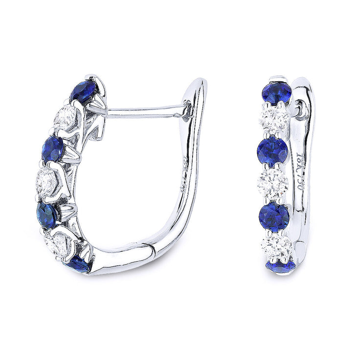 Beautiful Hand Crafted 14K White Gold 2MM Sapphire And Diamond Arianna Collection Hoop Earrings With A Hoop Closure