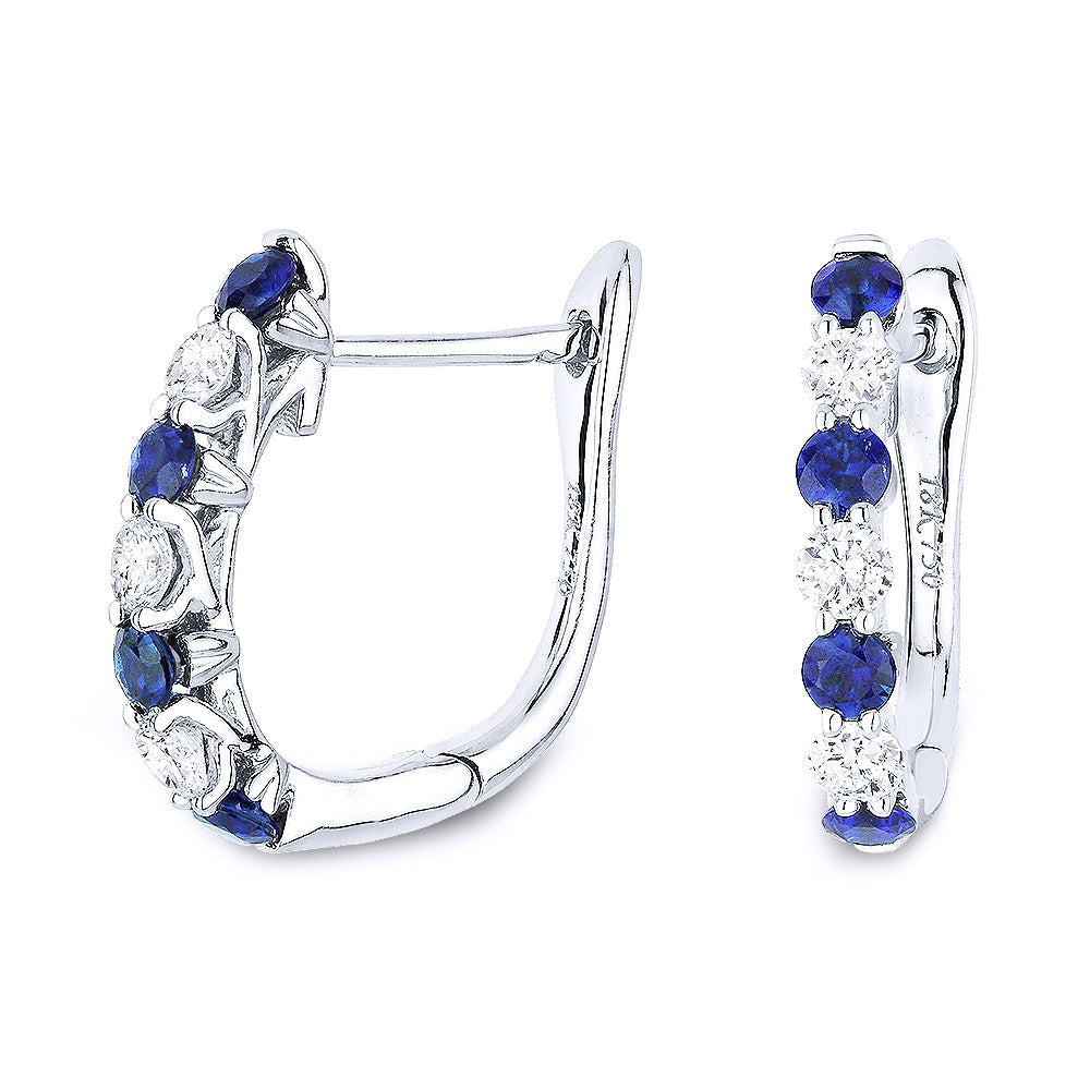 Beautiful Hand Crafted 14K White Gold 2MM Sapphire And Diamond Arianna Collection Hoop Earrings With A Hoop Closure