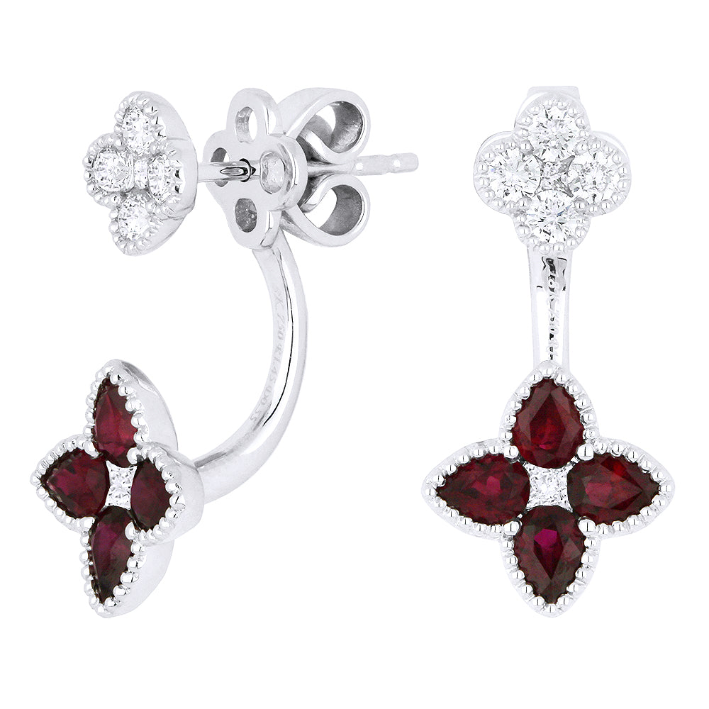 Beautiful Hand Crafted 18K White Gold  Ruby And Diamond Arianna Collection Drop Dangle Earrings With A Lever Back Closure