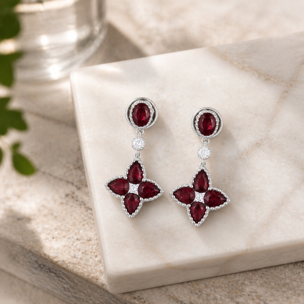 E1122 - 18K White Gold Ruby Flower Drop Earrings