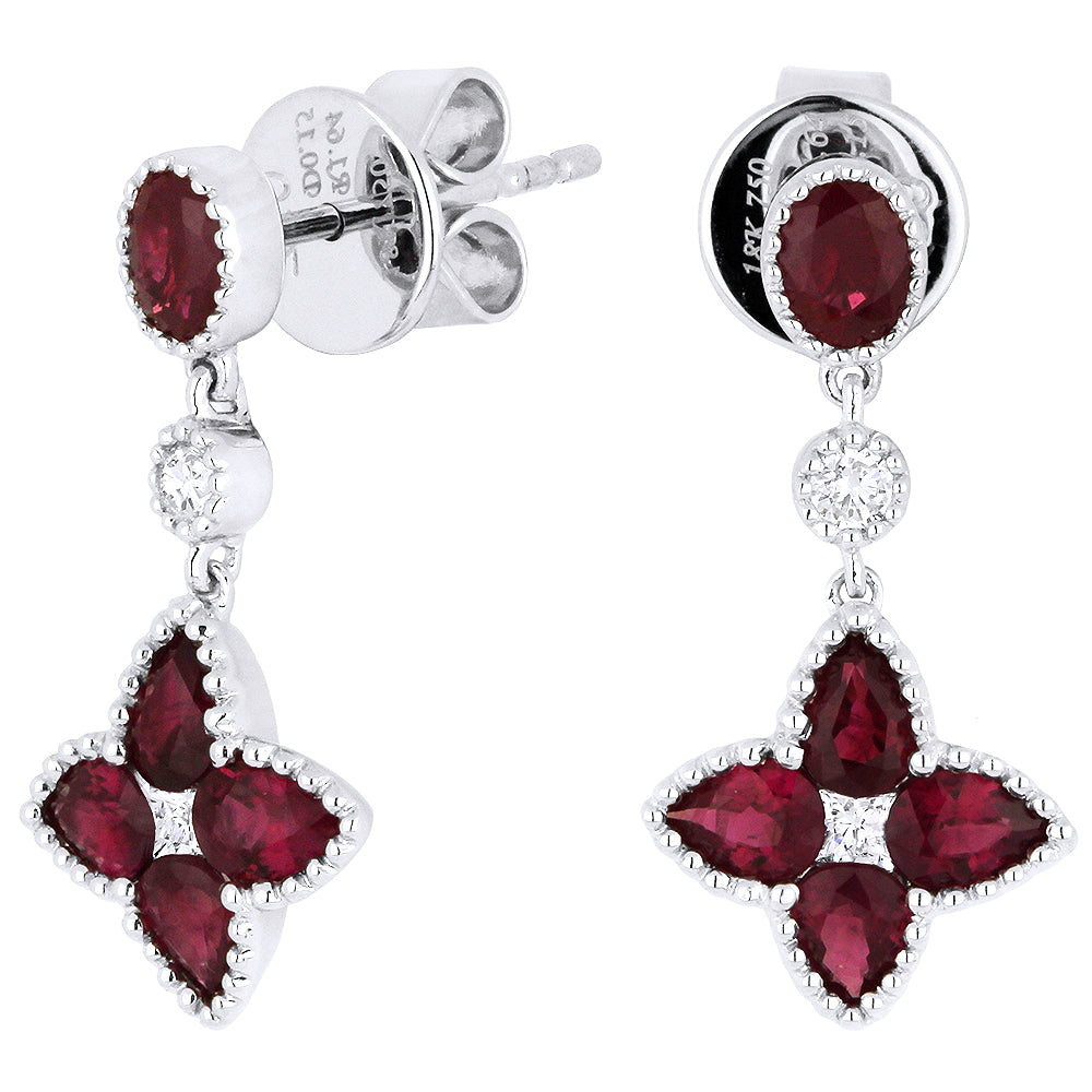 Beautiful Hand Crafted 18K White Gold  Ruby And Diamond Arianna Collection Drop Dangle Earrings With A Lever Back Closure