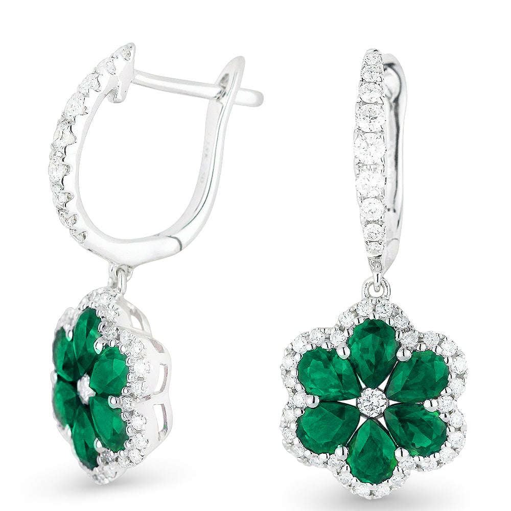 Beautiful Hand Crafted 18K White Gold  Emerald And Diamond Arianna Collection Drop Dangle Earrings With A Lever Back Closure