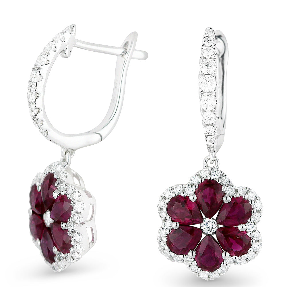 Beautiful Hand Crafted 18K White Gold  Ruby And Diamond Arianna Collection Drop Dangle Earrings With A Lever Back Closure