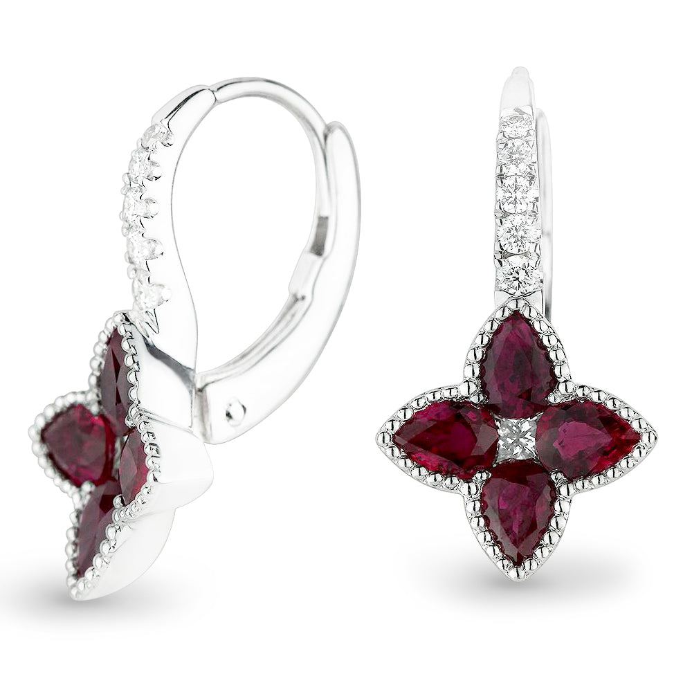 Beautiful Hand Crafted 18K White Gold  Ruby And Diamond Arianna Collection Drop Dangle Earrings With A Lever Back Closure