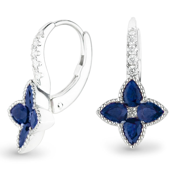 Beautiful Hand Crafted 18K White Gold  Sapphire And Diamond Arianna Collection Drop Dangle Earrings With A Lever Back Closure