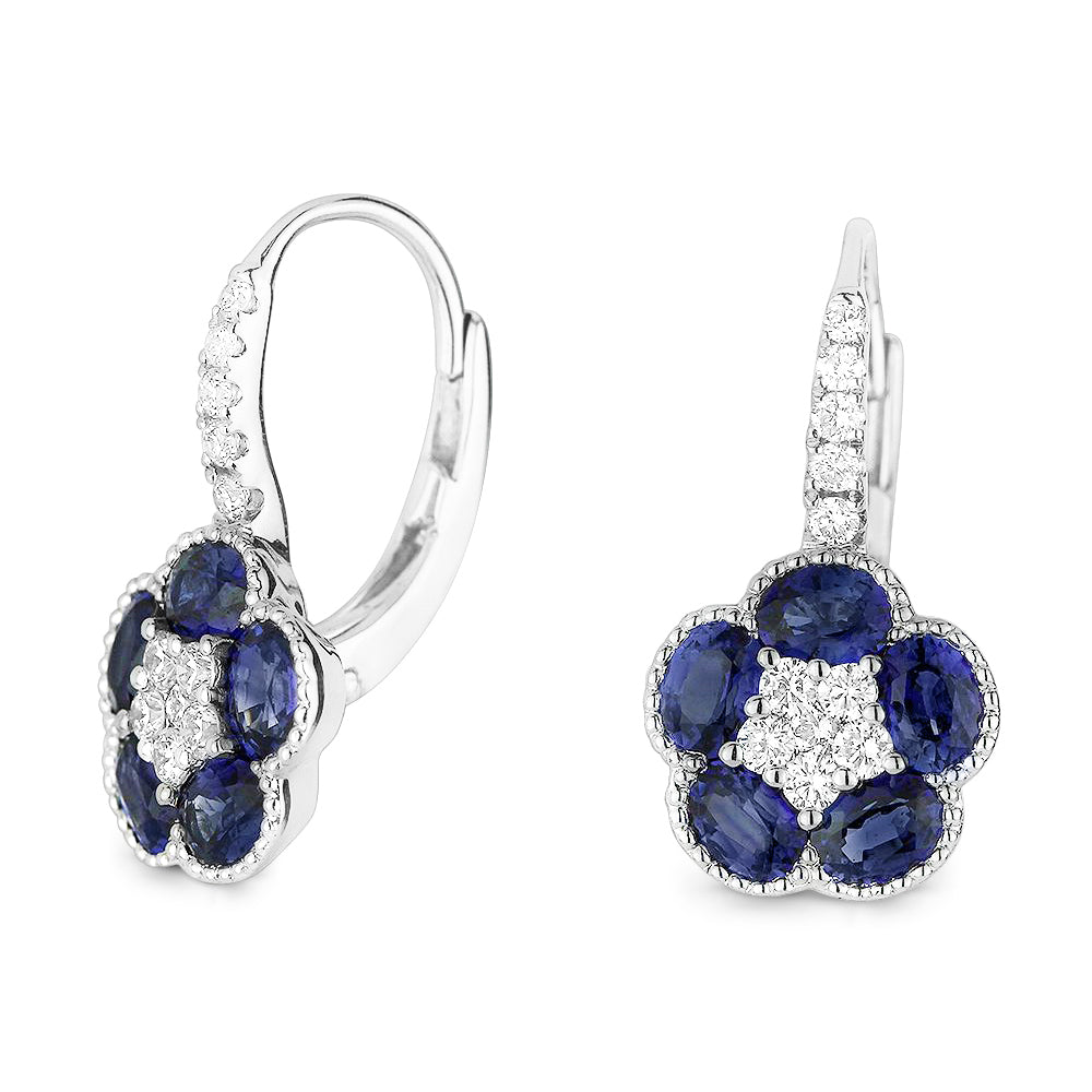 Beautiful Hand Crafted 18K White Gold  Sapphire And Diamond Arianna Collection Drop Dangle Earrings With A Lever Back Closure