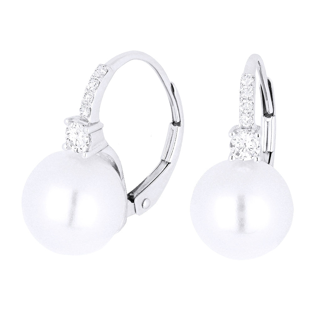Beautiful Hand Crafted 14K White Gold 10MM Pearl And Diamond Essentials Collection Drop Dangle Earrings With A Lever Back Closure