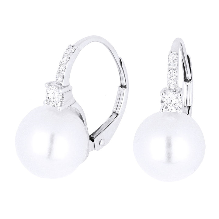 Beautiful Hand Crafted 14K White Gold 10MM Pearl And Diamond Essentials Collection Drop Dangle Earrings With A Lever Back Closure