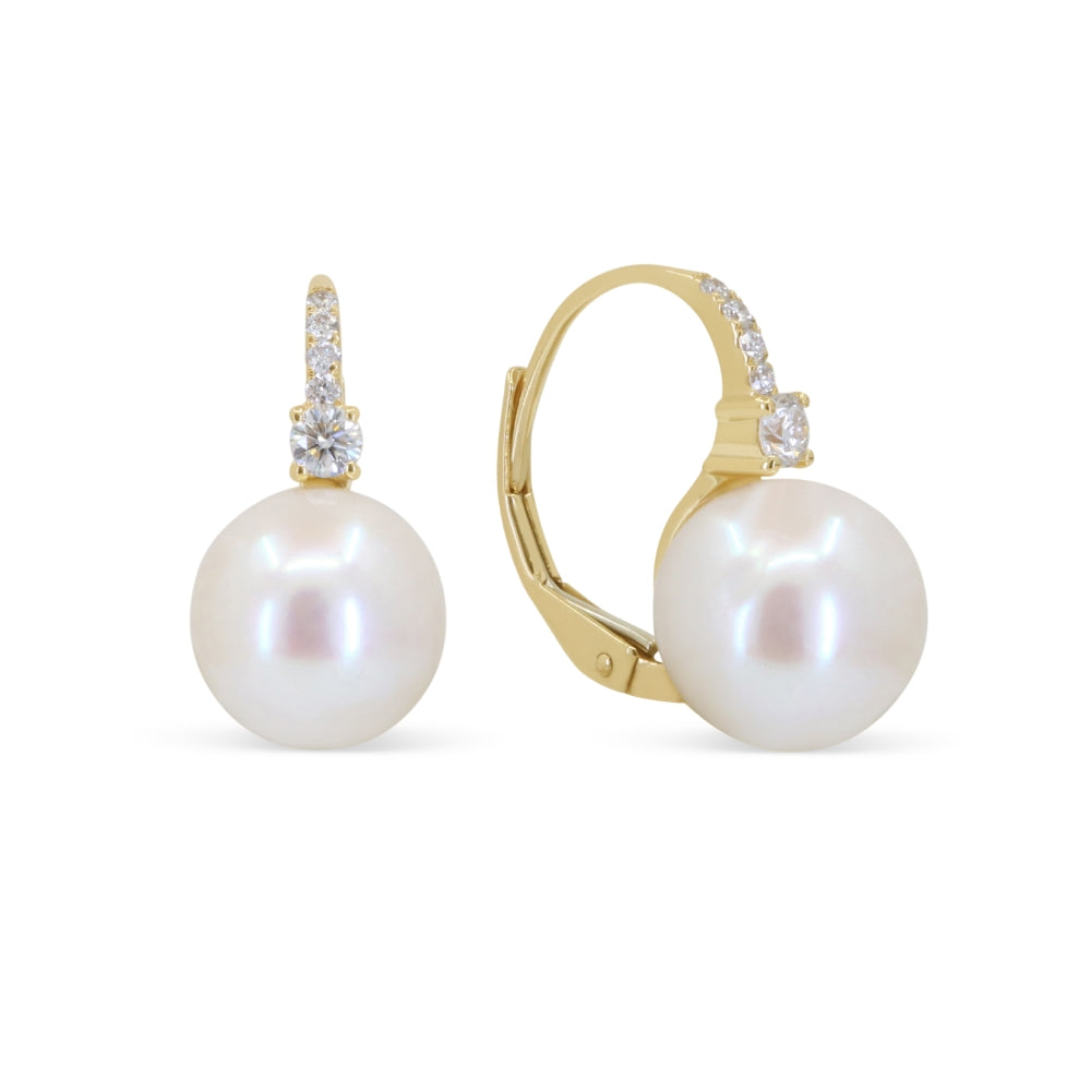 Beautiful Hand Crafted 14K Yellow Gold  Pearl And Diamond Essentials Collection Drop Dangle Earrings With A Lever Back Closure
