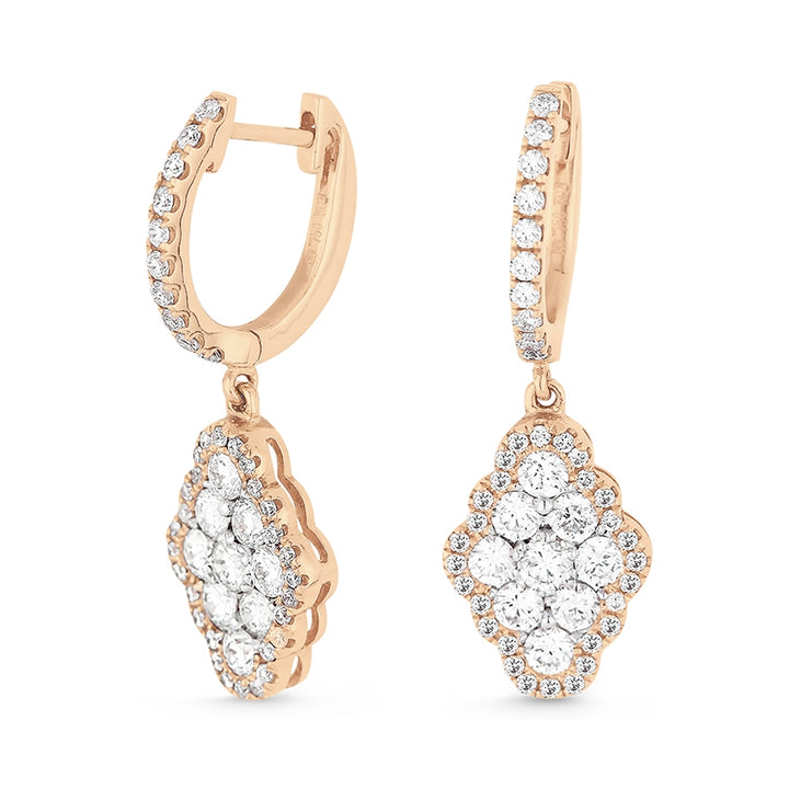 Beautiful Hand Crafted 14K Rose Gold White Diamond Lumina Collection Drop Dangle Earrings With A Lever Back Closure