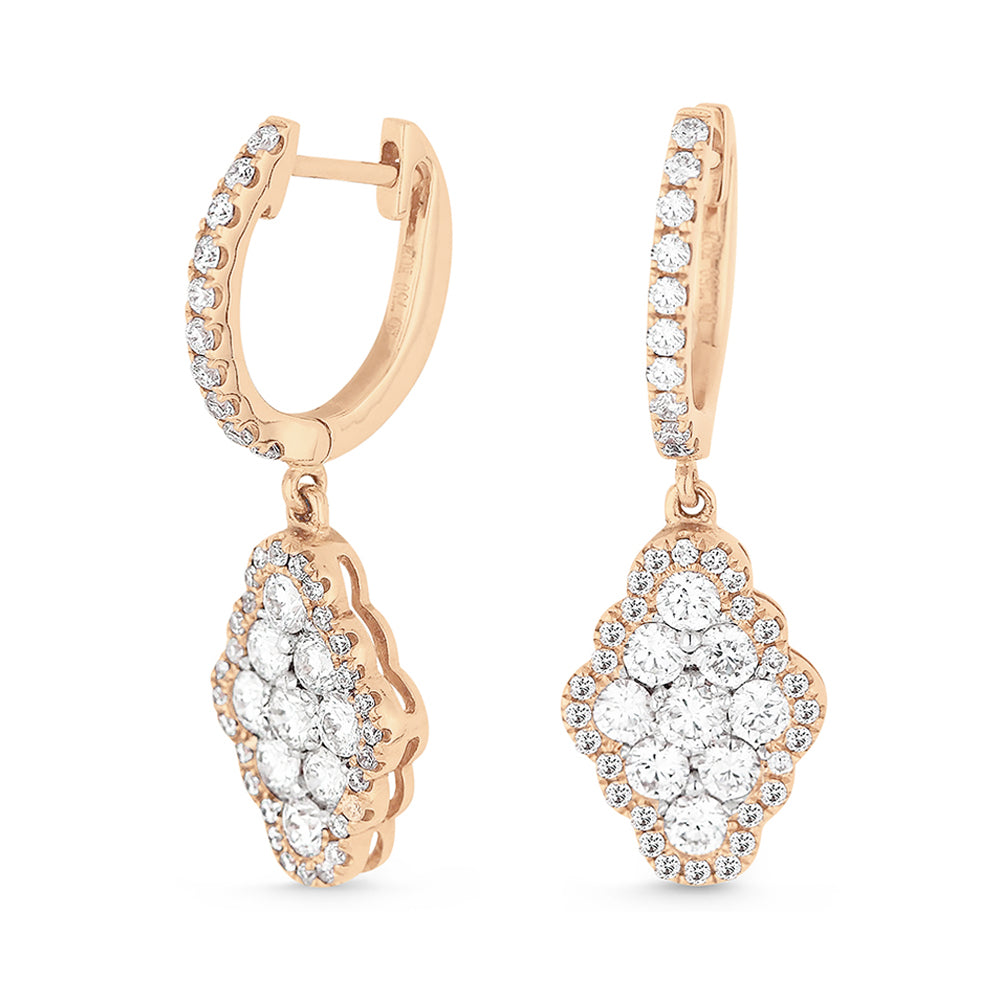 Beautiful Hand Crafted 14K Rose Gold White Diamond Lumina Collection Drop Dangle Earrings With A Lever Back Closure