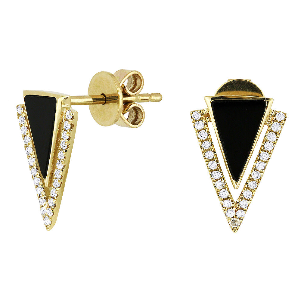 Beautiful Hand Crafted 14K Yellow Gold  Black Onyx And Diamond Stiletto Collection Stud Earrings With A Push Back Closure