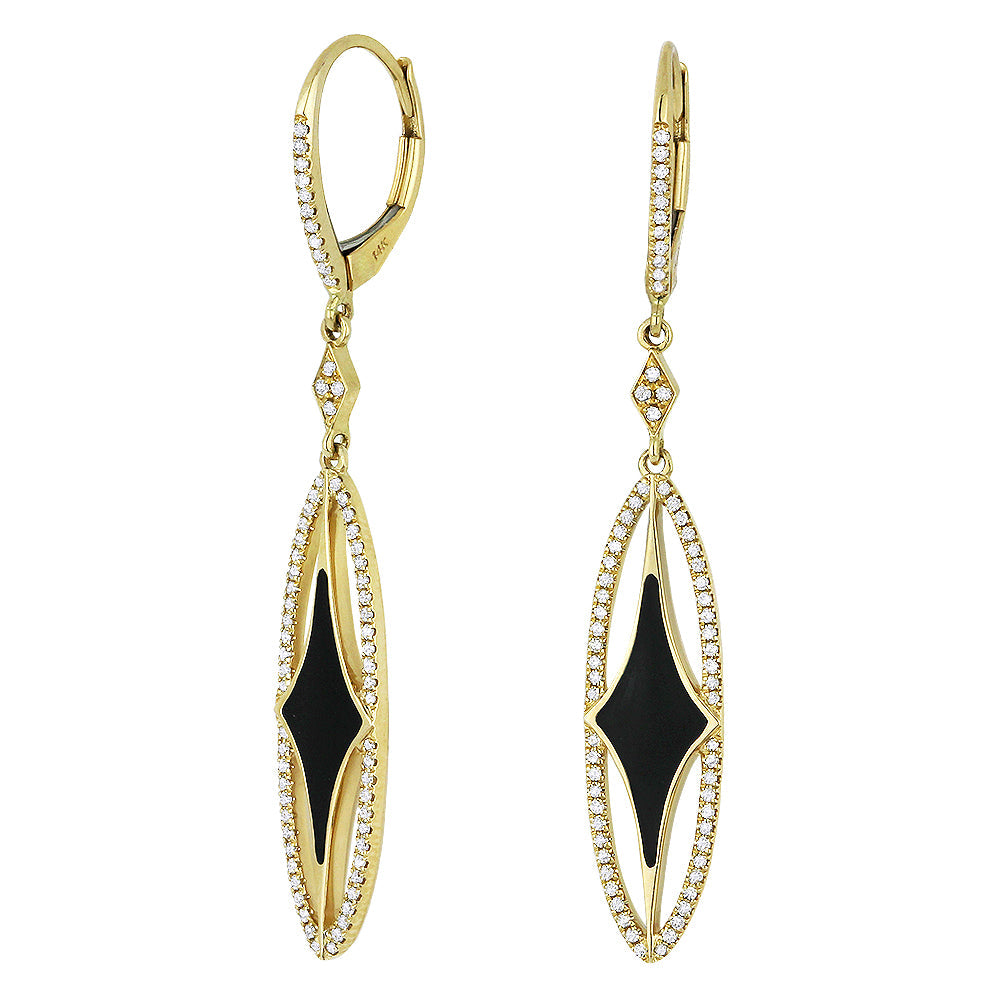 Beautiful Hand Crafted 14K Yellow Gold  Black Onyx And Diamond Stiletto Collection Drop Dangle Earrings With A Lever Back Closure