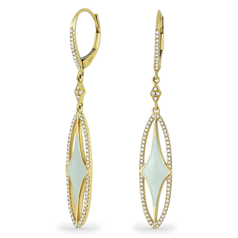 Beautiful Hand Crafted 14K Yellow Gold  Mother Of Pearl And Diamond Stiletto Collection Drop Dangle Earrings With A Lever Back Closure