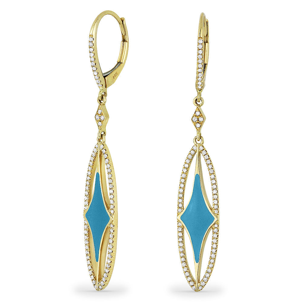 Beautiful Hand Crafted 14K Yellow Gold  Turquoise And Diamond Stiletto Collection Drop Dangle Earrings With A Lever Back Closure