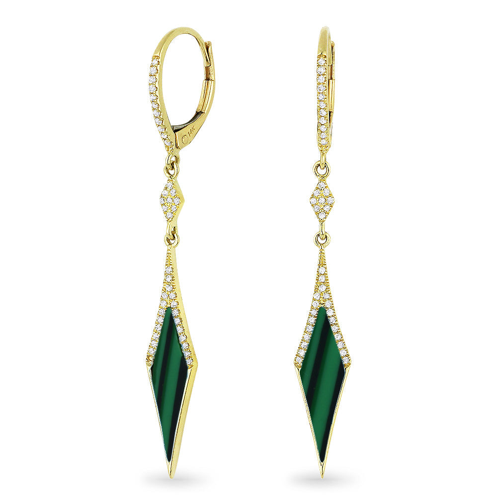 Beautiful Hand Crafted 14K Yellow Gold  Malachite And Diamond Stiletto Collection Drop Dangle Earrings With A Lever Back Closure