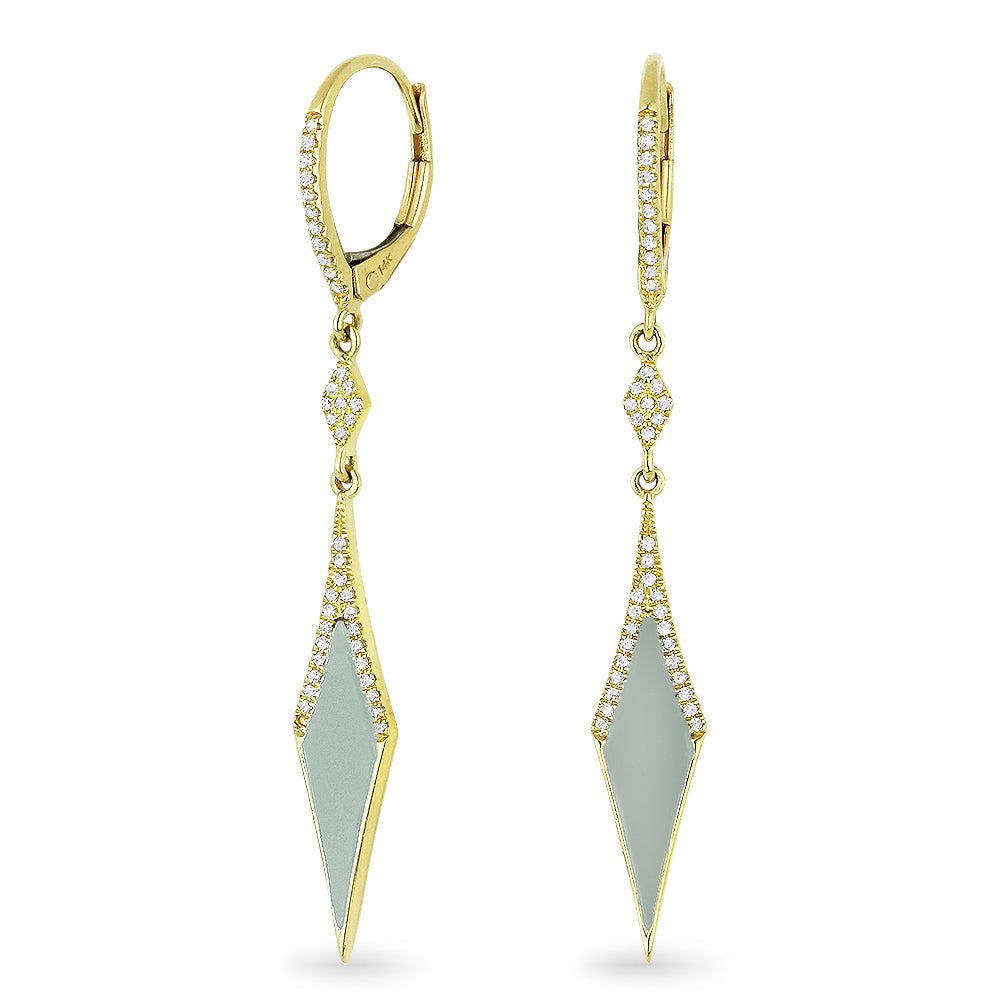 Beautiful Hand Crafted 14K Yellow Gold  Mother Of Pearl And Diamond Stiletto Collection Drop Dangle Earrings With A Lever Back Closure