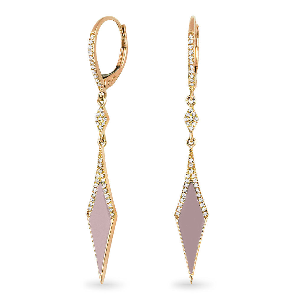 Beautiful Hand Crafted 14K Rose Gold  Pink Mother Of Pearl And Diamond Stiletto Collection Drop Dangle Earrings With A Lever Back Closure