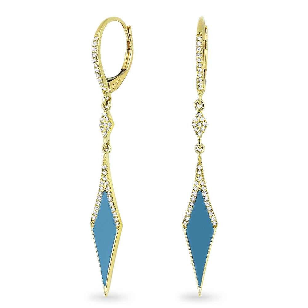 Beautiful Hand Crafted 14K Yellow Gold  Turquoise And Diamond Stiletto Collection Drop Dangle Earrings With A Lever Back Closure