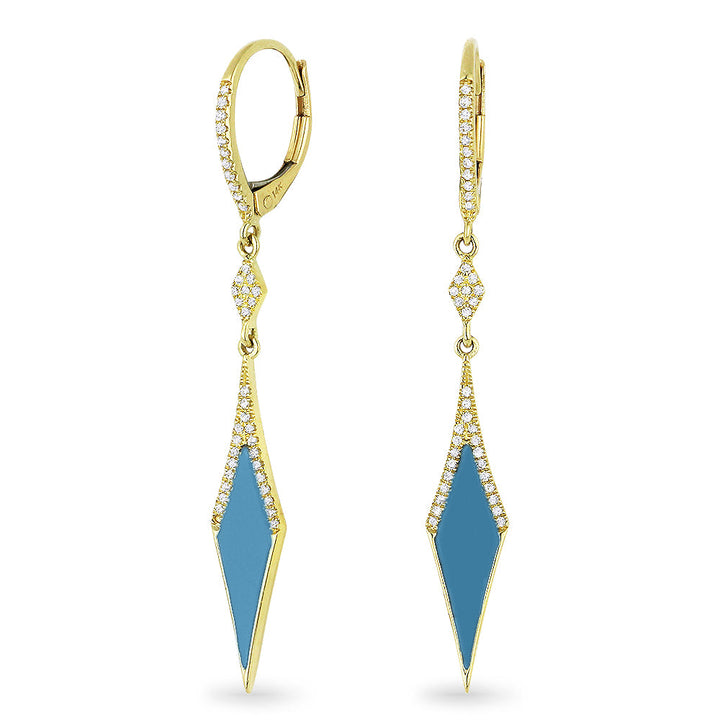 Beautiful Hand Crafted 14K Yellow Gold  Turquoise And Diamond Stiletto Collection Drop Dangle Earrings With A Lever Back Closure