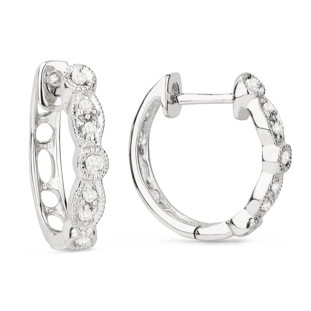 Beautiful Hand Crafted 14K White Gold White Diamond Milano Collection Hoop Earrings With A Hoop Closure