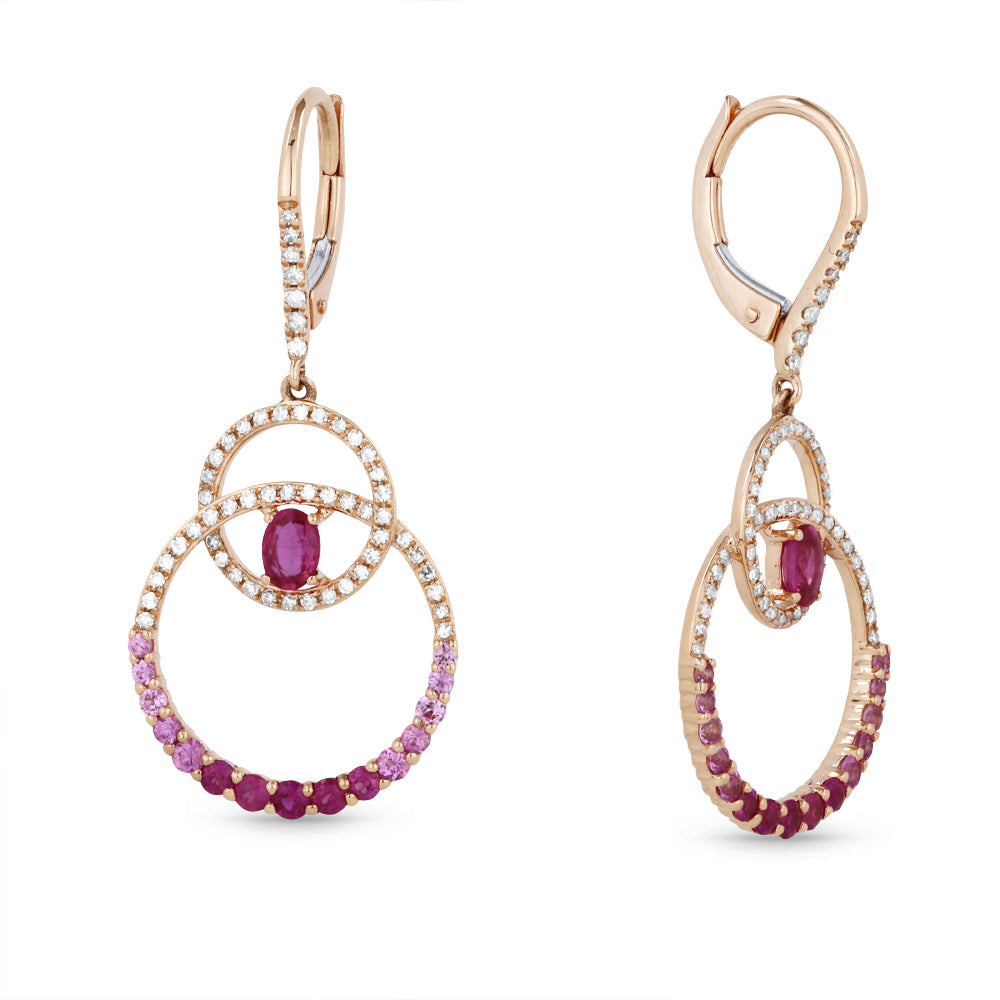 Beautiful Hand Crafted 14K Rose Gold  Pink Sapphire And Diamond Arianna Collection Drop Dangle Earrings With A Lever Back Closure