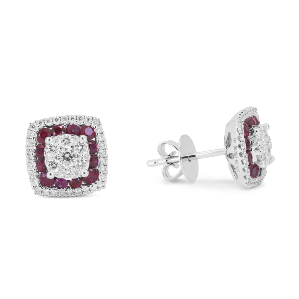 Beautiful Hand Crafted 14K White Gold  Ruby And Diamond Arianna Collection Stud Earrings With A Push Back Closure