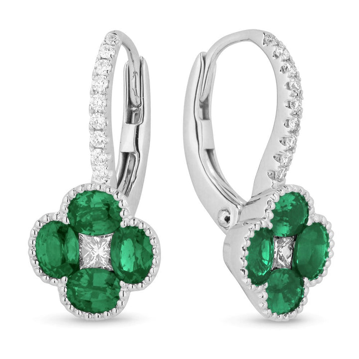 Beautiful Hand Crafted 18K White Gold  Emerald And Diamond Arianna Collection Drop Dangle Earrings With A Lever Back Closure