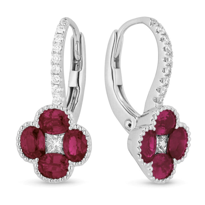 Beautiful Hand Crafted 18K White Gold  Ruby And Diamond Arianna Collection Drop Dangle Earrings With A Lever Back Closure