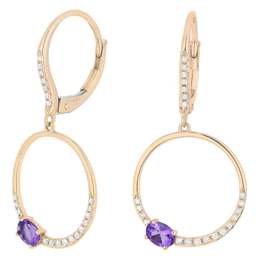 Beautiful Hand Crafted 14K Rose Gold  Amethyst And Diamond Eclectica Collection Drop Dangle Earrings With A Lever Back Closure